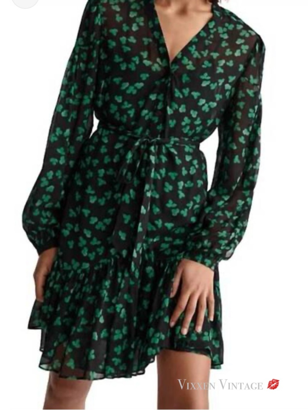 THE KOOPLES CILANTRO TIERED RUFFLE BELTED ‘NAIVE FLOWERS DRESS’ IN BLACK